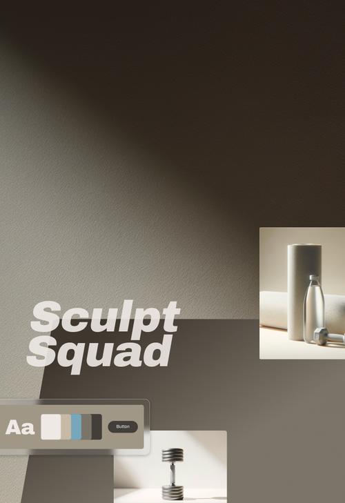 Il design dell'identità di un brand di fitness per "Sculpt Squad", con il nome dell'azienda in grassetto corsivo e un componente della guida di stile che mostra la tipografia ("Aa") e i colori del marchio bianco, azzurro e nero. Il design include due foto di prodotti dallo stile minimalista: una di una bottiglia d'acqua con manubri e un'altra di un manubrio regolabile su uno sfondo neutro. Le voci del menu di navigazione "About" e "Our Pledge" sono visibili in alto a destra.