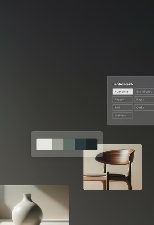 La moodboard di un brand con tre elementi principali: un vaso dallo stile minimalista in ceramica bianca fotografato con un'illuminazione intensa, una palette di colori dal bianco al blu scuro e una moderna sedia in legno con schienale curvo. In alto a destra, è presente un pannello "Brand personality" che elenca tratti come Professionale, Sofisticato, Amichevole, Giocoso, Audace, Eccentrico e Innovativo. L'estetica complessiva suggerisce un design moderno e sofisticato.