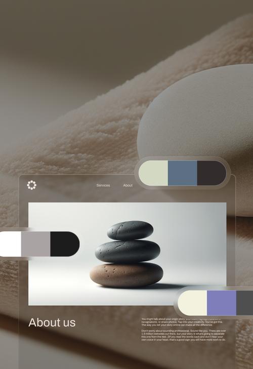 La sezione "Chi siamo" del sito web di una spa o di un centro benessere presenta al centro un'immagine di tre pietre da meditazione impilate (due nere, una marrone) su uno sfondo bianco. La pagina include un menu di navigazione con i link "Services" e "About" e tre barre della palette dei colori che mostrano diverse combinazioni di toni crema, blu, viola e nero. Di seguito è riportato un esempio di testo segnaposto su come raccontare la storia del proprio brand. Il design utilizza un effetto vetro smerigliato con pannelli traslucidi che si sovrappongono a uno sfondo testurizzato.