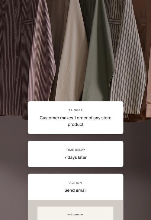 Un exemple de flux d’automatisations pour le parcours des abonnés aux e-mails. Le déclencheur du flux est « Le client passe 1 commande de l’un des produits de la boutique ». Le délai est de « 7 jours plus tard ». L’action est « Envoyer l’e-mail » avec le visuel de la newsletter.