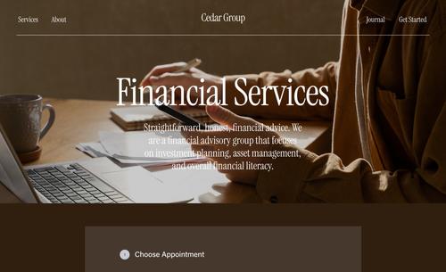 Página inicial de agendamentos com interface de agendamentos e prévia de um site de serviços financeiros para clientes