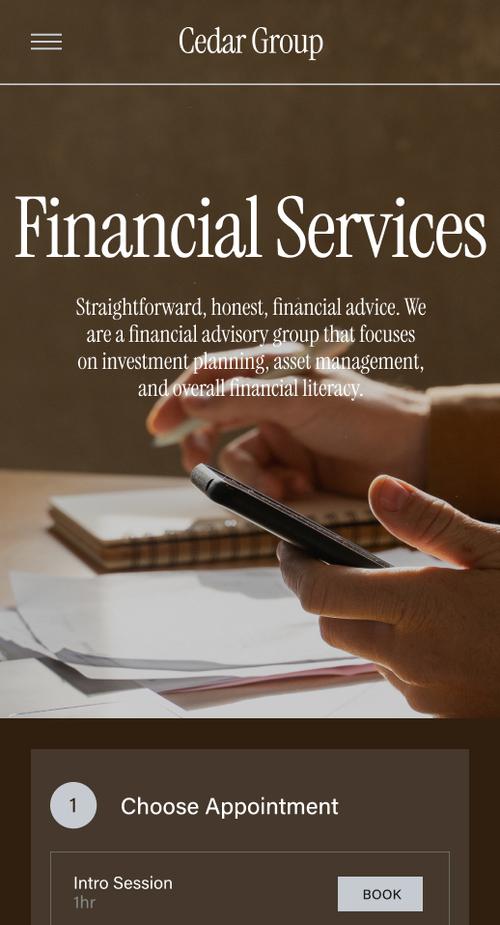 Página inicial de agendamentos com interface de agendamentos e prévia de um site de serviços financeiros para clientes