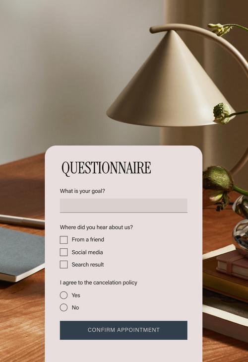 Questionário sobre a meta do usuário, quem indicou e o acordo da política de cancelamento.